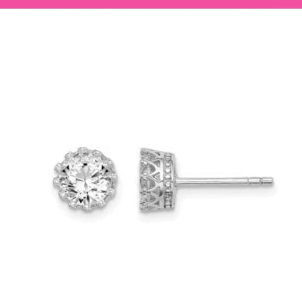 Jewelry Vine 6mm CZ Crown Stud Earrings in Rhodium Plated Sterling Silver